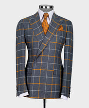 Load image into Gallery viewer, Grey, Yellow Checkered Double-Breasted Classic Suit