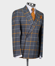 Load image into Gallery viewer, Grey, Yellow Checkered Double-Breasted Classic Suit
