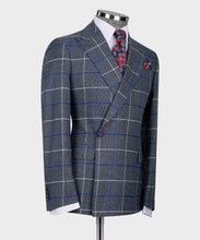 Load image into Gallery viewer, Grey -Blue Checkered Double Breasted Classic Suit