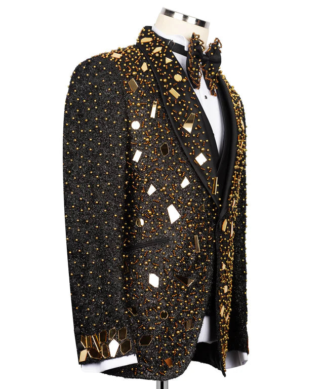 Gold And Black Tuxedo,3 Piece, Handcrafted with Golden Beads