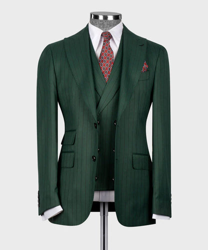 Green Striped Classic Vest Suit