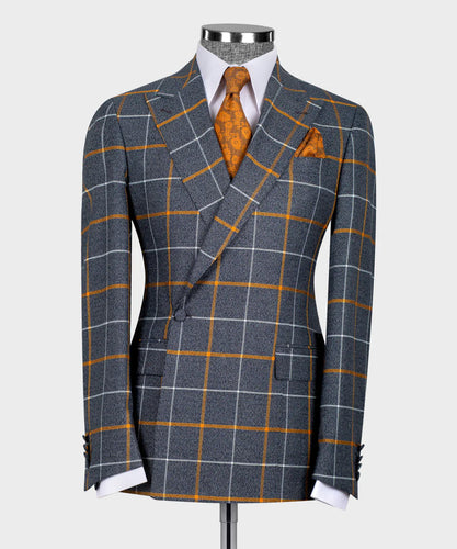 Grey, Yellow Checkered Double-Breasted Classic Suit