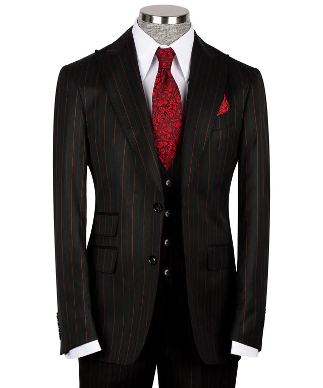 Black Classic Vest Suit With Red Stripes