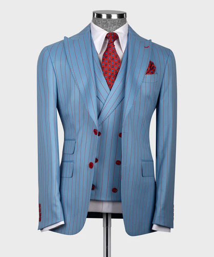 Blue-Red Striped Classic Vest Suit