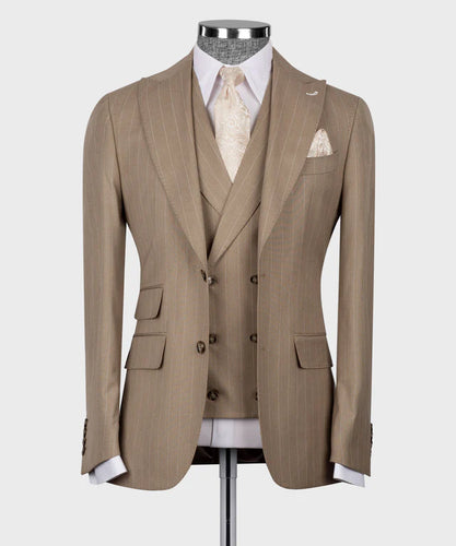 Light-Brown Striped Classic Vest Suit