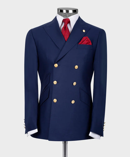 Gold Button Dark Blue Double-Breasted Suit