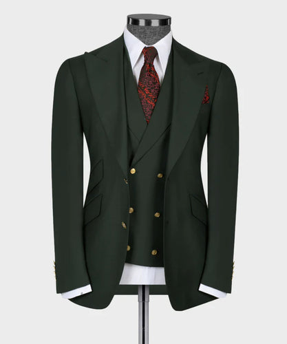 Dark Green Classic Vest Suit with Gold Button