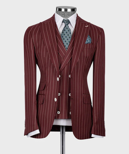 Burgundy Striped Classic Vest Suit
