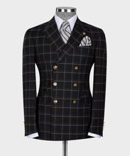 Load image into Gallery viewer, Blue-Gray Plaid Six Button Black Double-Breasted Suit