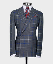 Load image into Gallery viewer, Grey -Blue Checkered Double Breasted Classic Suit