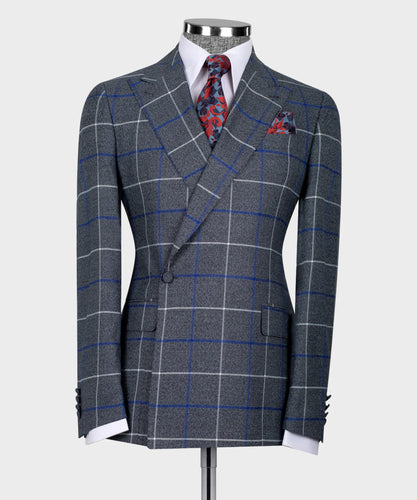 Grey -Blue Checkered Double Breasted Classic Suit