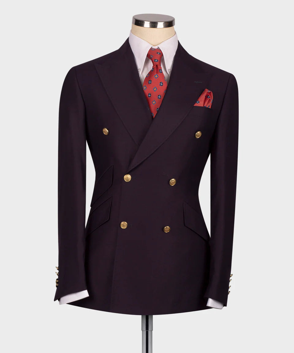 Burgundy Double - Breasted Gold Button Suit