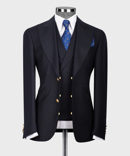 Dark Navy Classic Vest Suit With Gold Buttons