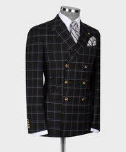 Load image into Gallery viewer, Blue-Gray Plaid Six Button Black Double-Breasted Suit