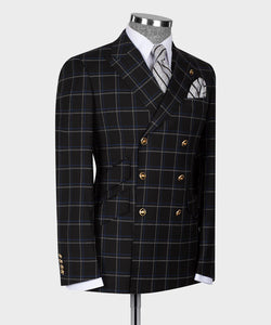 Blue-Gray Plaid Six Button Black Double-Breasted Suit