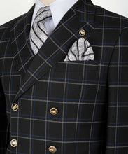 Load image into Gallery viewer, Blue-Gray Plaid Six Button Black Double-Breasted Suit