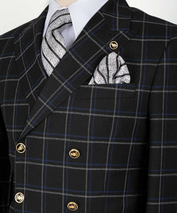 Blue-Gray Plaid Six Button Black Double-Breasted Suit