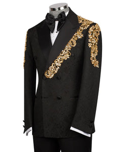 Gold Stone Embroidered Black Tuxedo