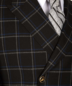 Blue-Gray Plaid Six Button Black Double-Breasted Suit