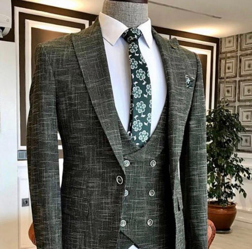 Green Crosshatch Peak Lapel 3-Piece Suit