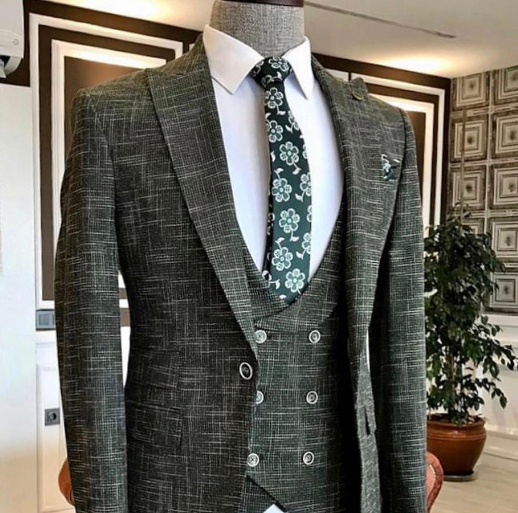 Green Crosshatch Peak Lapel 3-Piece Suit