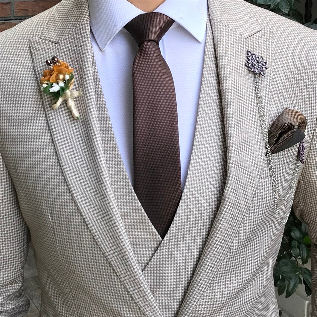 Tan Houndstooth Pattern 3-Piece Suit